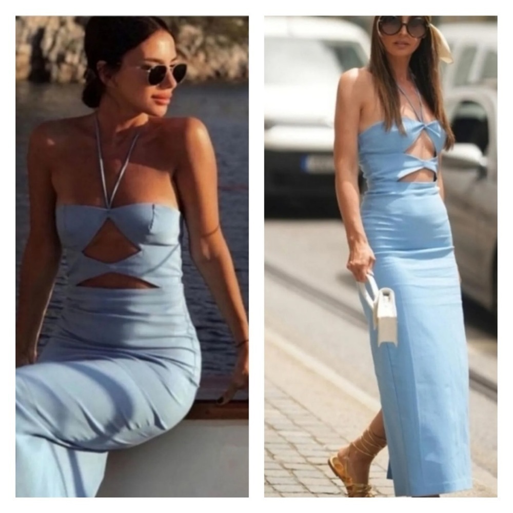 ZARA Blue Cutout Halter Sleeveless Bodycon Midi Cocktail Dress Size XL NWT - Picture 9 of 15
